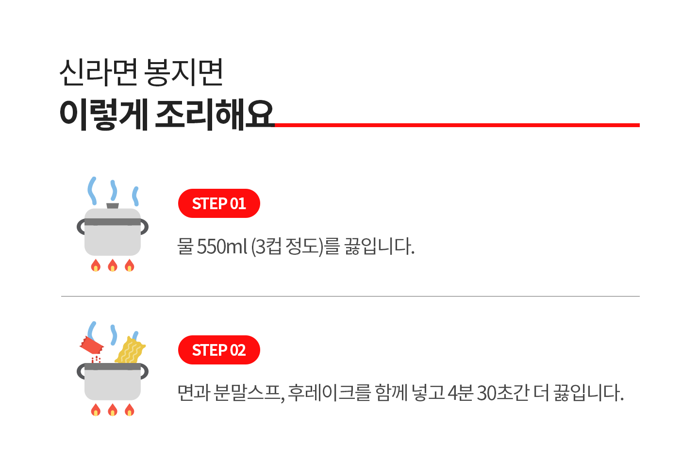 신라면 봉지면 이렇게 조리해요 STEP 01 물 550ml(3컵 정도)를 끓입니다. STEP 02 면과 분말스프, 후레이크를 함께 넣고 4분 30초간 더 끓입니다.